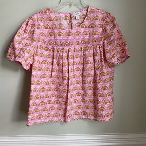 J Crew Factory pink block print puff sleeve top with Smocking detail